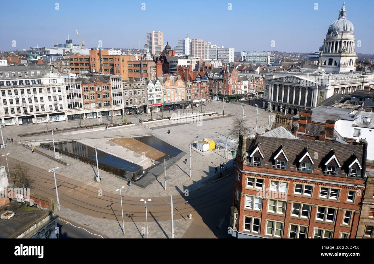 A deserted Old Market Square in Nottingham City Centre as the UK continues in lockdown to help curb the spread of the coronavirus. Stock Photo