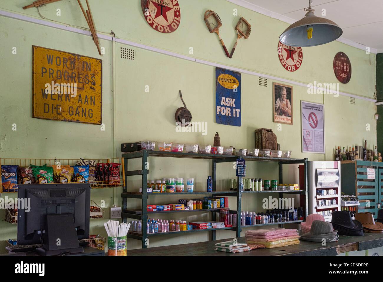 A jeep tour through Namibia, wildlife, country and people. Interior of a shop in Solitaire Stock Photo