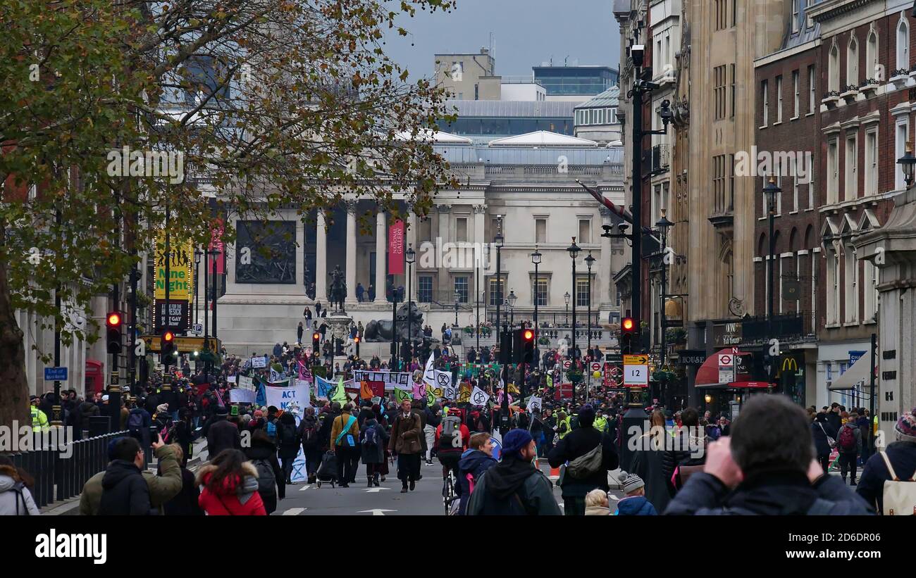 London, UK - 11/24/2018: Demonstration of activists of global environmental movement Extinction Rebellion (XR) on Whitehall street. Stock Photo