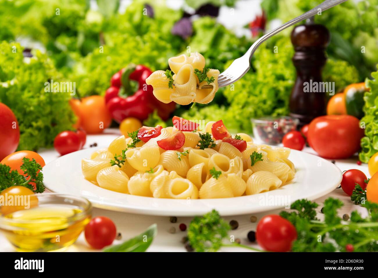 Plate of italian pasta, pipe rigate on fork with tomatoes and basil Stock Photo