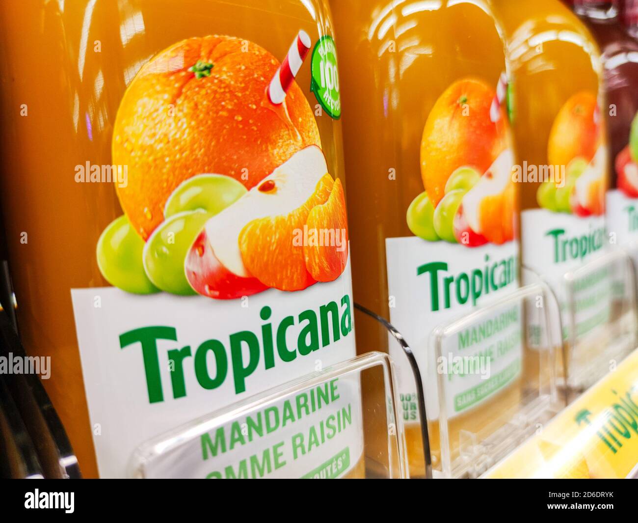 Puilboreau, France October 14, 2020Tropicana squeezed clementine juice bottles on shelves in