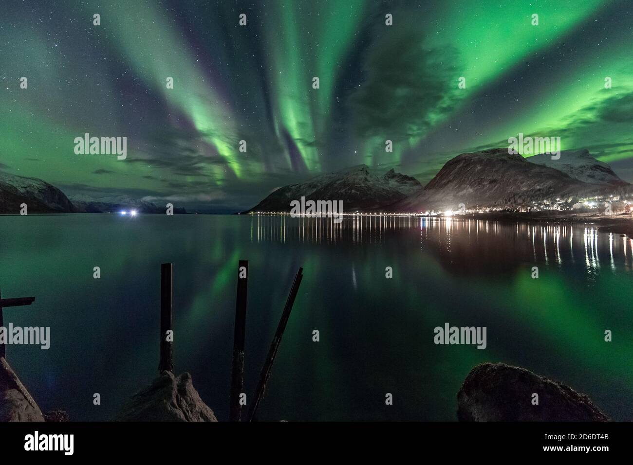 Northern lights / aurora borealis over Bergsbotn, a fjord on the island of  Senja in Norway Stock Photo - Alamy
