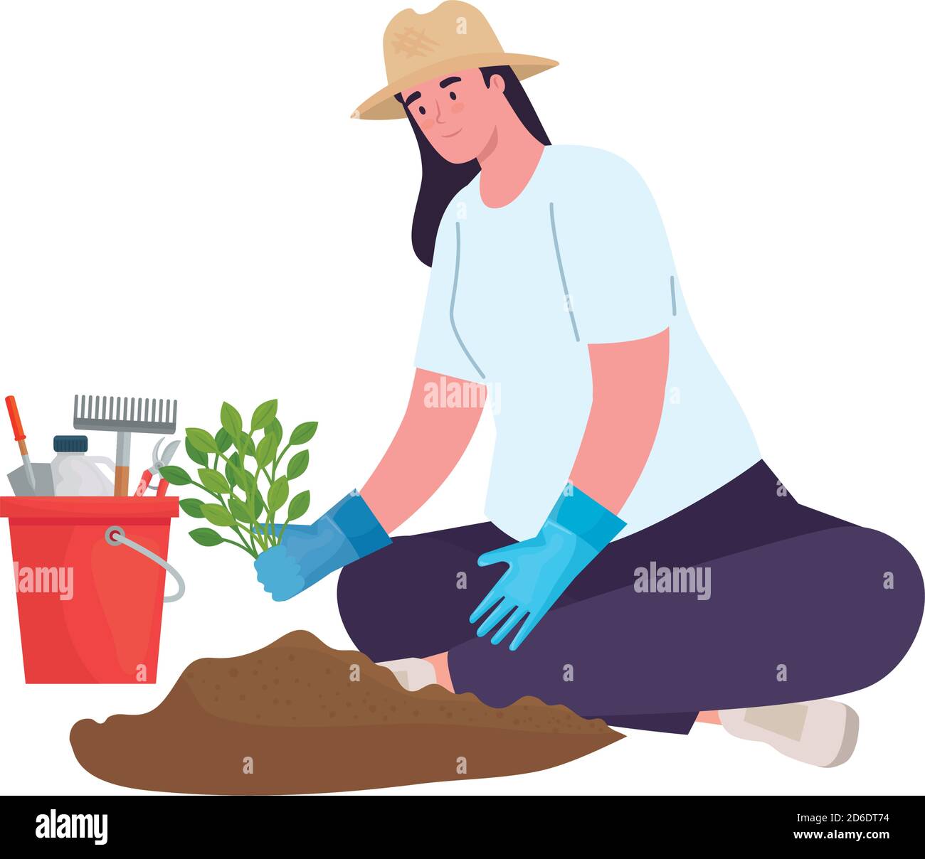 Gardening woman with tools bucket and plant vector design Stock Vector ...