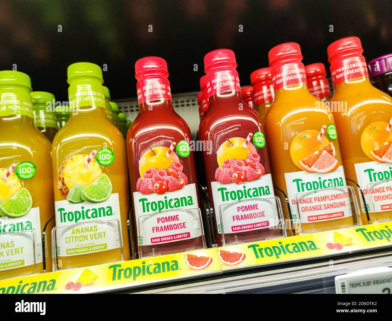 Puilboreau, France October 14, 2020Tropicana orange juice bottles on shelves in a french