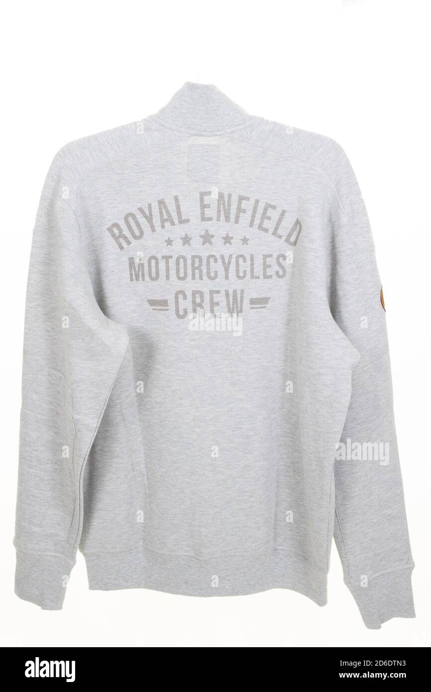 Bordeaux , Aquitaine / France - 10 10 2020 : Royal Enfield logo sign on retro vest with text crew motorcycles on the back to protect motorbike man pil Stock Photo