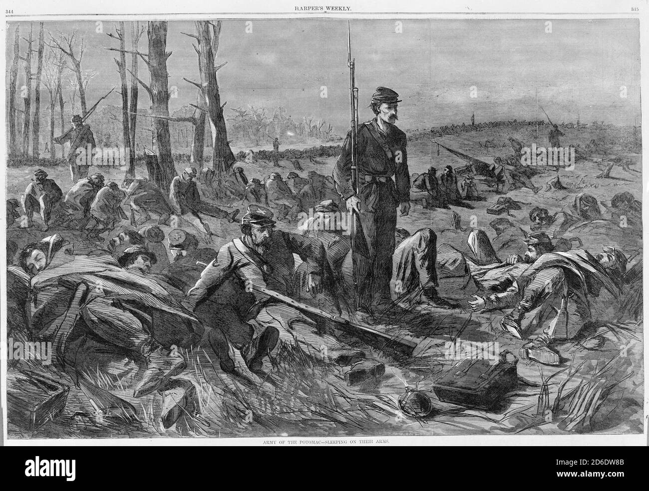 Army of the Potomac - Sleeping on Their Arms (Harper's Weekly, Vol. VIII), May 28, 1864. Formerly attributed to Winslow Homer. Stock Photo