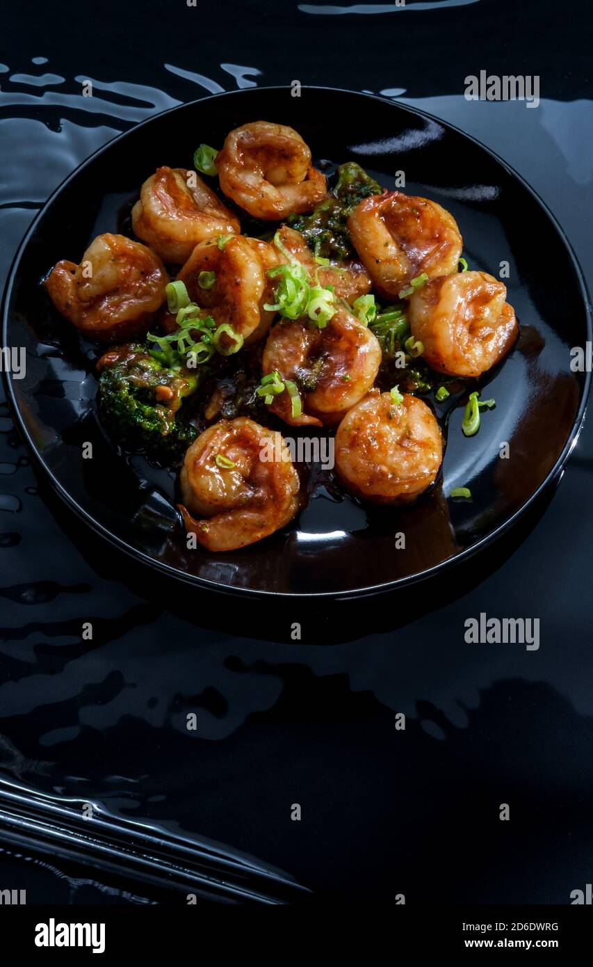 Chinese shrimp with broccoli in a garlic oyster sauce with moody
