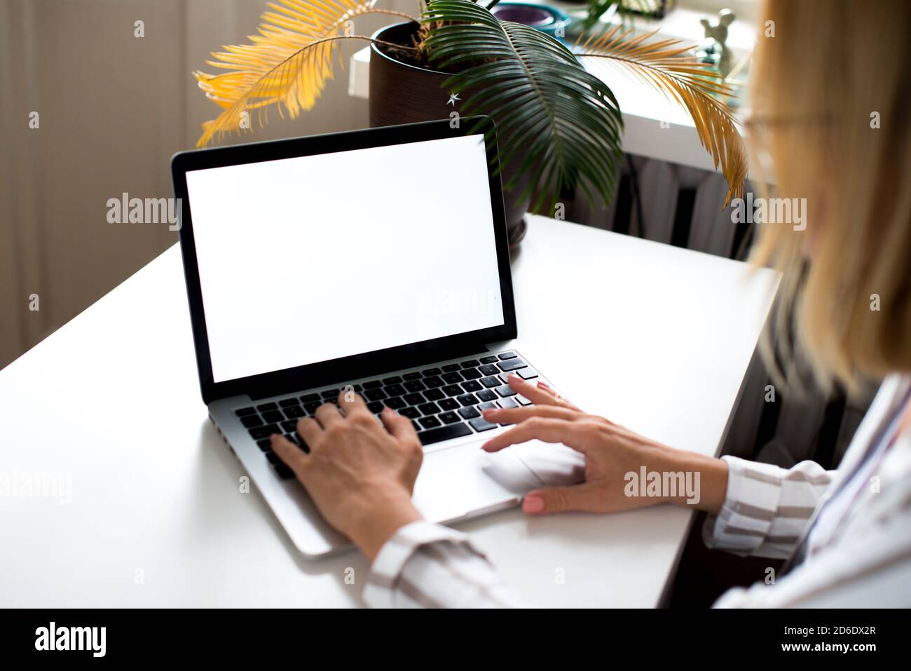 Woman working on her laptop with blank copy space screen. Mock up ...