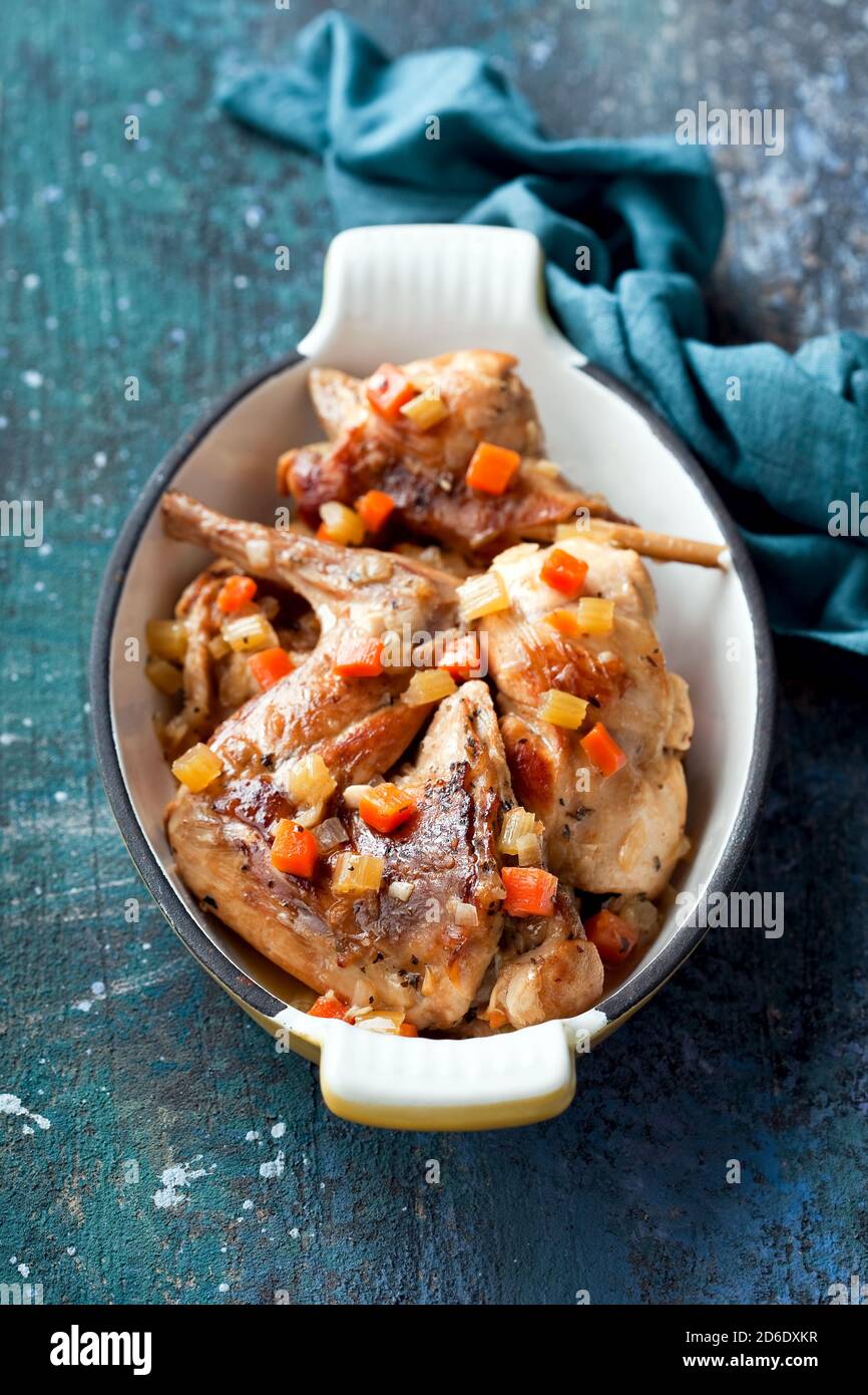 Rabbit stew with vegetables, selective focus Stock Photo