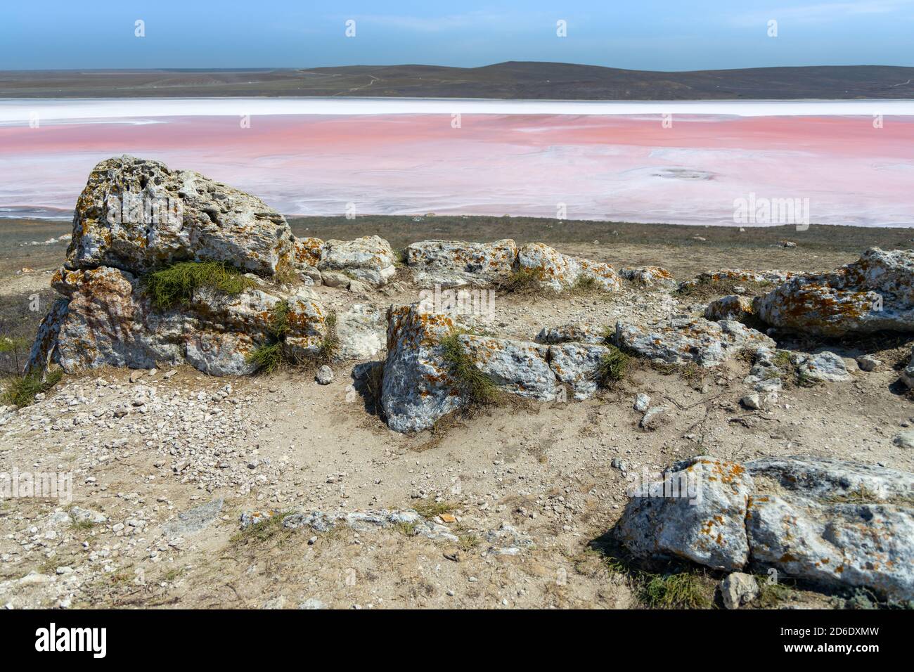 Pink salt lake Sasyk-Sivash, Yevpatoria, Crimea. The water of this lake is strongly saturated with salt and has a pink color. Very beautiful landscape Stock Photo
