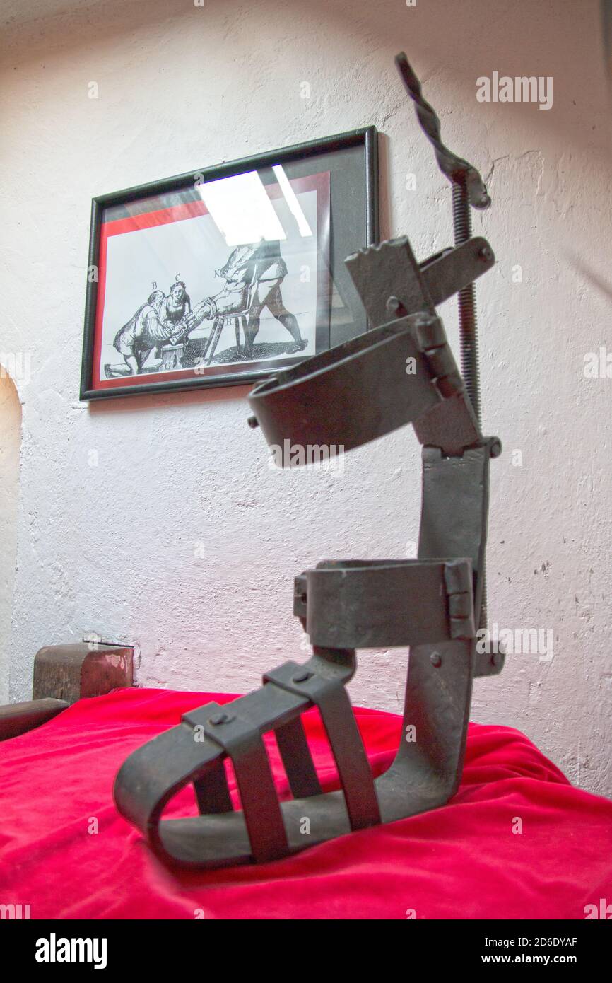 Leg breaker torture device. Spanish boot. in Dracula castle Stock Photo -  Alamy