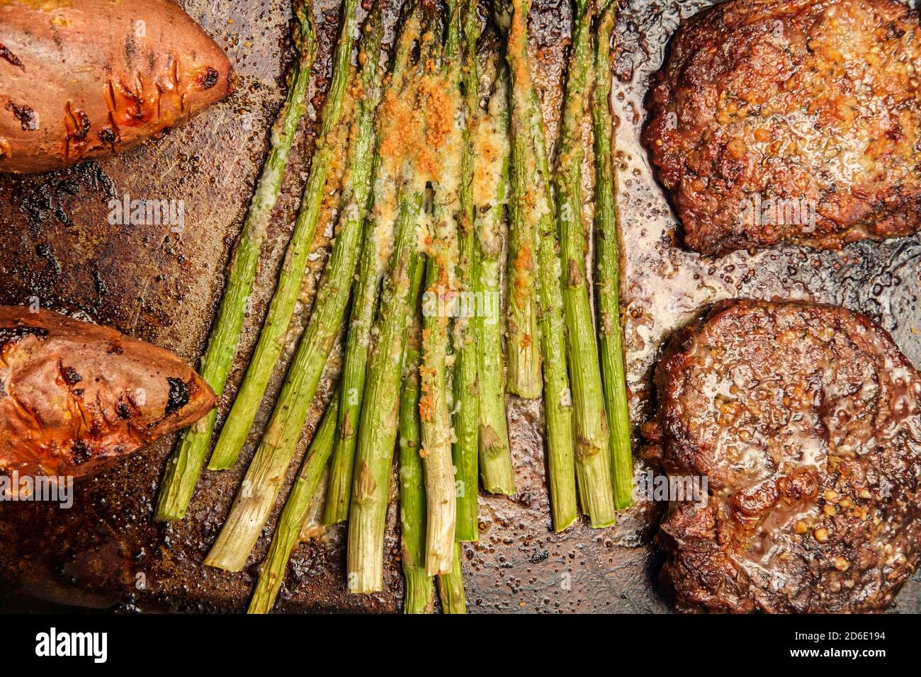 Well done beef rib boneless club steak with parmesan garlic asparagus