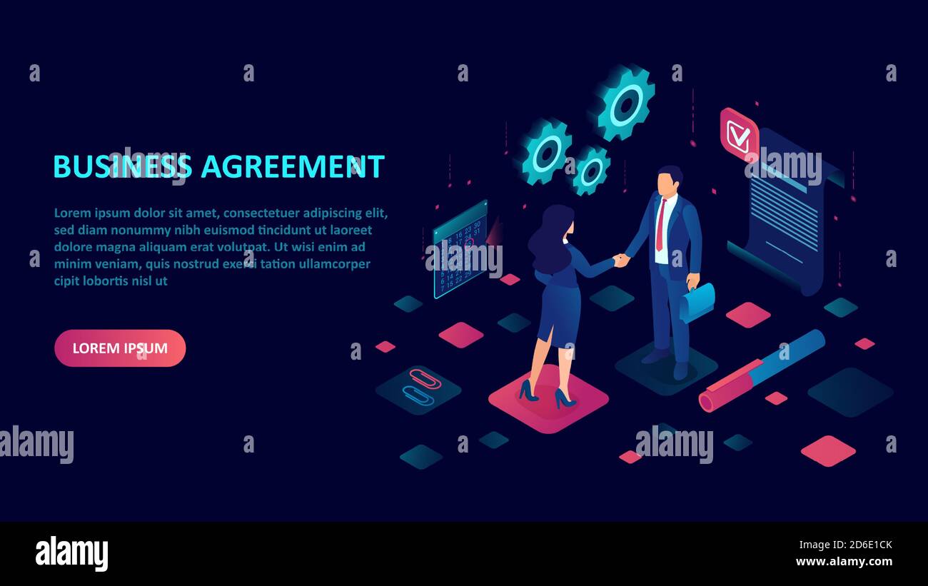 Business contract and agreement concept. Vector of a businessman and businesswoman shaking hands closing a deal Stock Vector