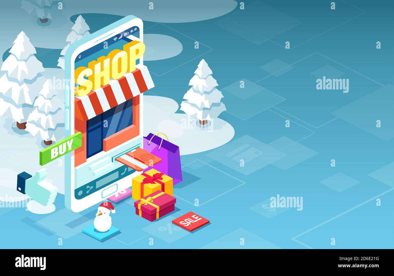 Holiday shopping online via modern mobile phone app concept Stock Vector