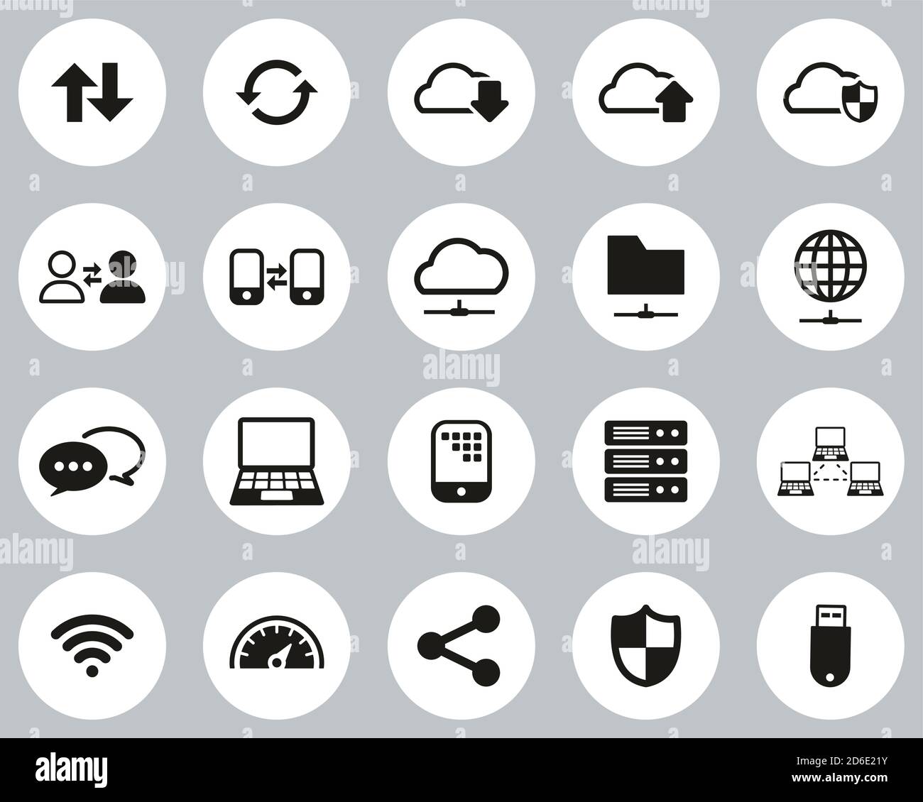 Data Transfer Icons Black & White Flat Design Circle Set Big Stock Vector