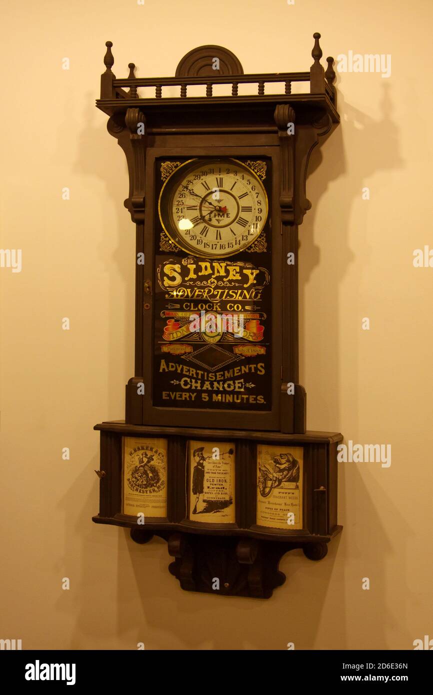 Advertising Clock, c. 1890, antique, drums with advertisements rotate every 5 minutes, Sidney Advertising Clock Company, timepiece, unique, The Nation Stock Photo
