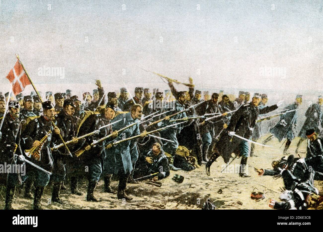 Brigade attack at Dybbol on April 18 1864 after painting by Vilhelm Rosendtand The Battle of Dybbøl was the key battle of the Second Schleswig War, fought between Denmark and Prussia. The battle was fought on the morning of 18 April 1864, following a siege that began on 7 April. Denmark suffered a severe defeat which ultimately decided the outcome of the war. Vilhelm Jacob Rosenstand (1838 –1915) was a Danish painter and illustrator. His best known work is a mural decorating the banqueting hall in the University of Copenhagen He painted genre works from Denmark and the south of Europe as well Stock Photo