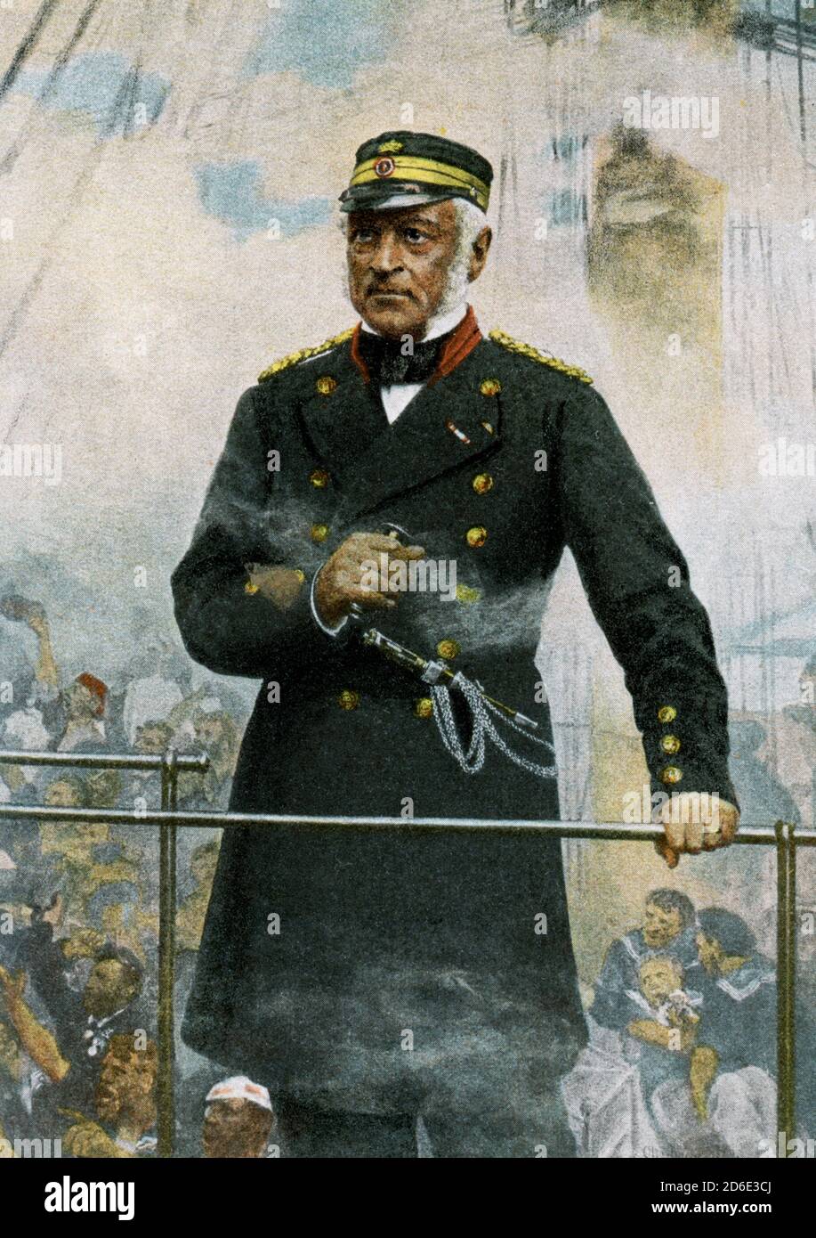 On May 9, 1864, in the North Sea, a Danish squadron defeated the Austrian navy in the Battle of Helgoland (or Heligoland) during the last engagement of wooden warships and the last Danish fleet action. Danish naval commander and vice admiral Edouard Suenson (pictured here in a painting by Otto Bache) defeated an Austro-Prussian naval squadron at this battle during the (Second War of Schleswig. Otto Bache (1839 –1927) was a Danish Realist painter. Many of his works depict key events in Danish history. Stock Photo