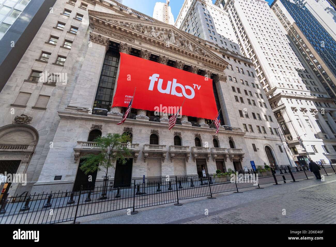 The New York Stock Exchange is decorated on Thursday, October 8, 2020 for the initial public offering of FuboTV. FuboTV is a live streaming service primarily involved in sports entertainment.  (© Richard B. Levine) Stock Photo