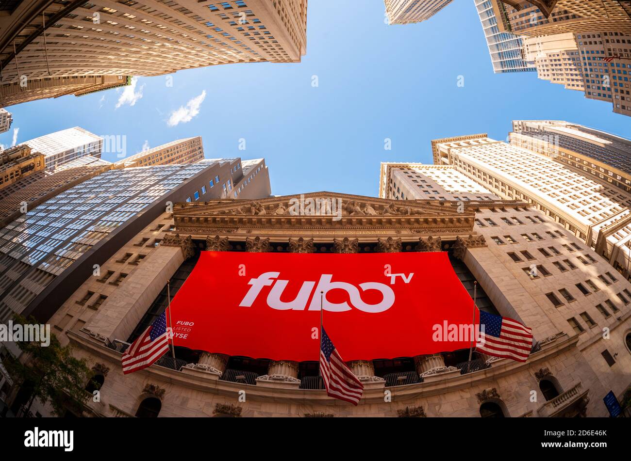 The New York Stock Exchange is decorated on Thursday, October 8, 2020 for the initial public offering of FuboTV. FuboTV is a live streaming service primarily involved in sports entertainment.  (© Richard B. Levine) Stock Photo