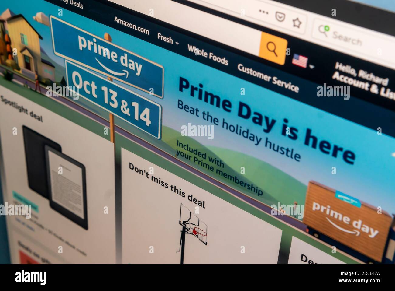 The Amazon website promotes their self-proclaimed 'Prime Day' on Tuesday, October 13, 2020. Usually in July, the sixth iteration of the Amazon holiday was moved because of the pandemic bringing it closer to the holiday shopping season. (© Richard B. Levine) Stock Photo