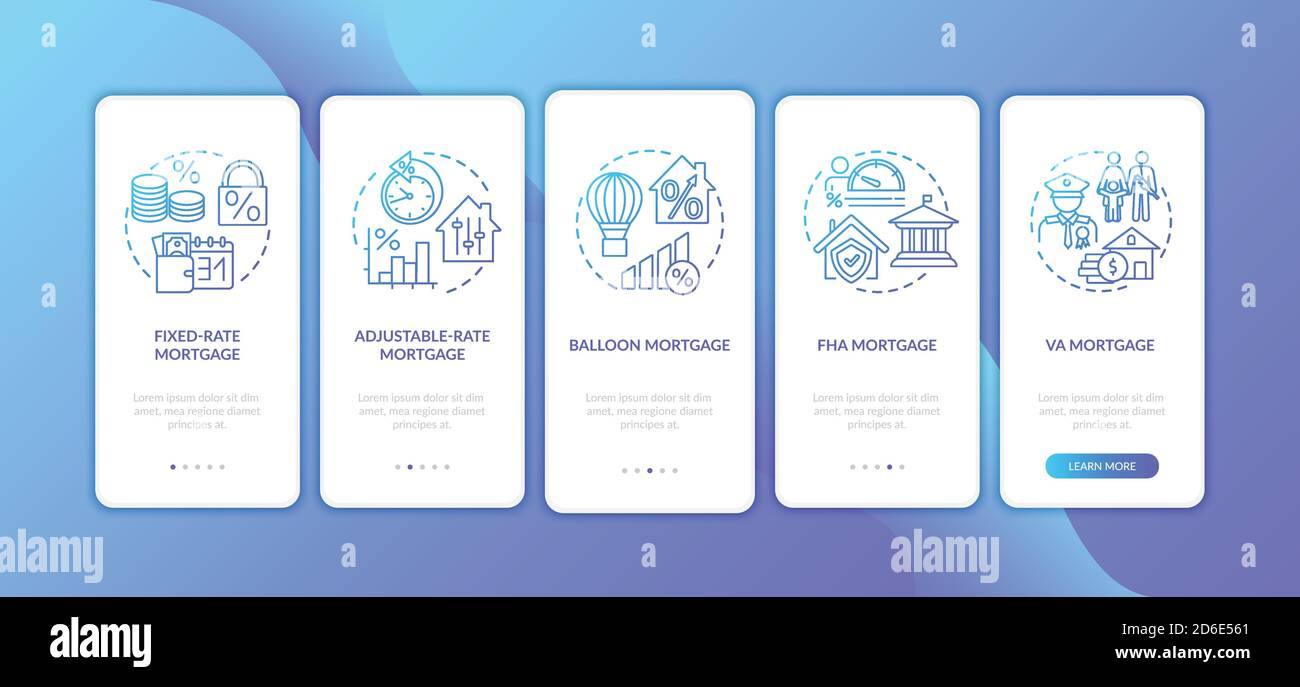 Mortgage types onboarding mobile app page screen with concepts Stock Vector