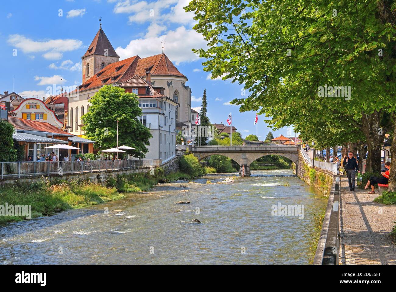 River Sitter with parish church, Appenzell, Appenzeller Land, Canton of Appenzell-Innerrhoden, Switzerland Stock Photo