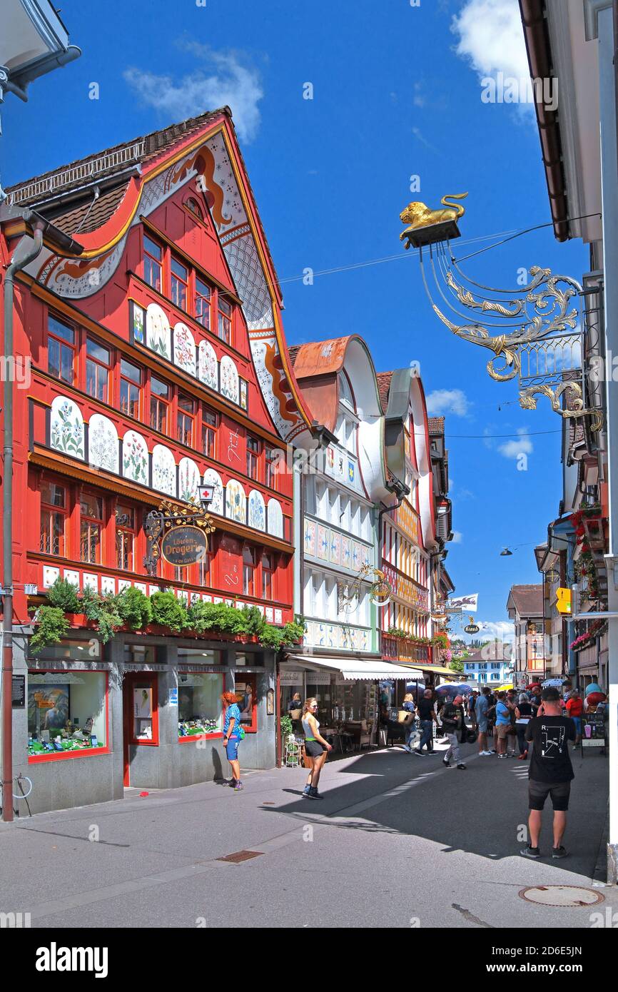 Pedestrian zone with typical brightly painted houses in the Hauptgasse, Appenzell, Appenzeller Land, Canton of Appenzell-Innerrhoden, Switzerland Stock Photo