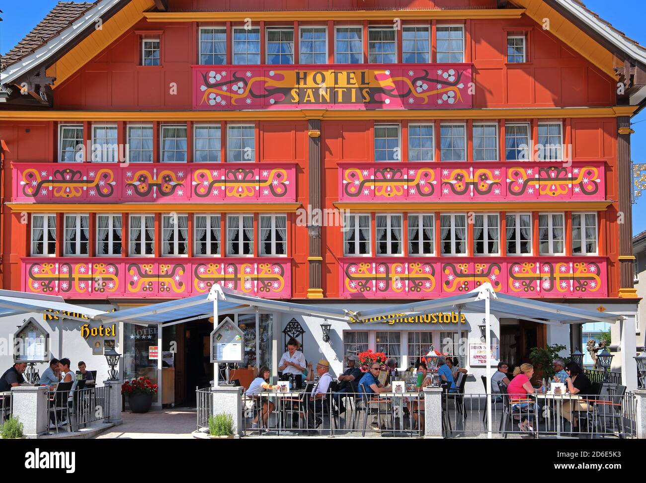Traditional hotel Säntis with typical painting on Landsgemeindeplatz in the center, Appenzell, Appenzeller Land, Canton of Appenzell-Innerrhoden, Switzerland Stock Photo