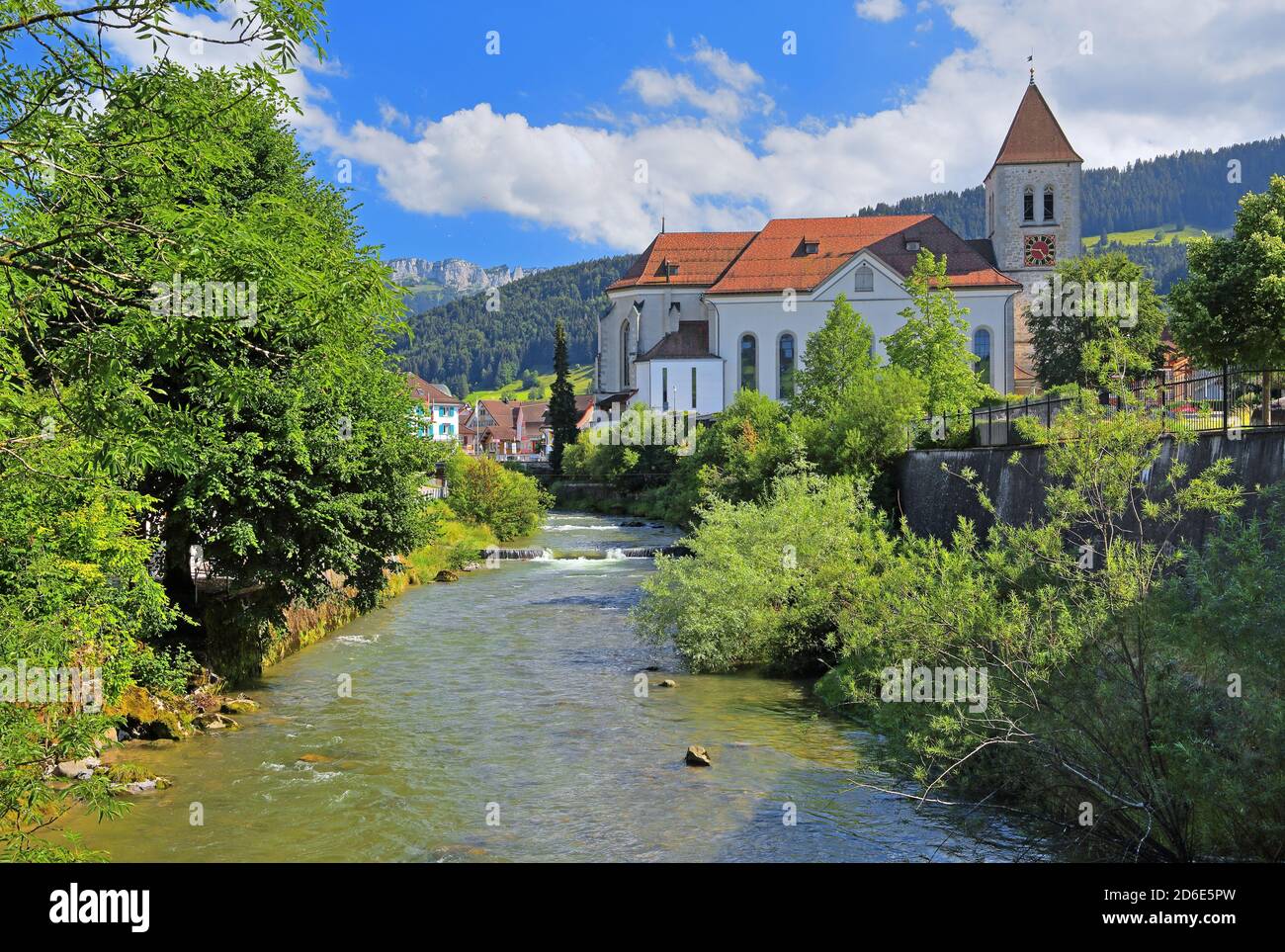 River Sitter with parish church, Appenzell, Appenzeller Land, Canton of Appenzell-Innerrhoden, Switzerland Stock Photo