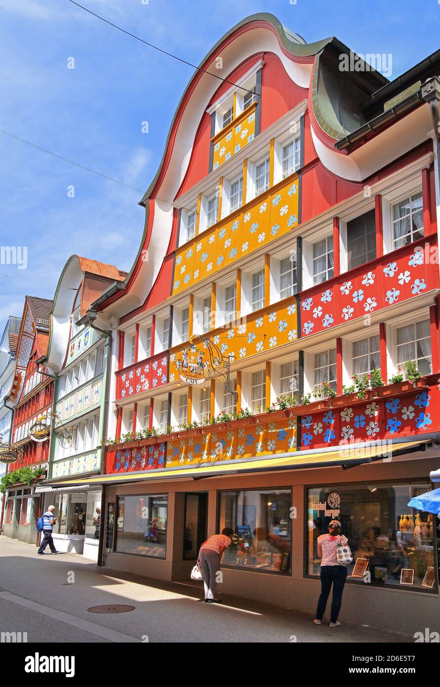Typical painted houses in Hauptgasse, Appenzell, Appenzeller Land, Canton of Appenzell-Innerrhoden, Switzerland Stock Photo