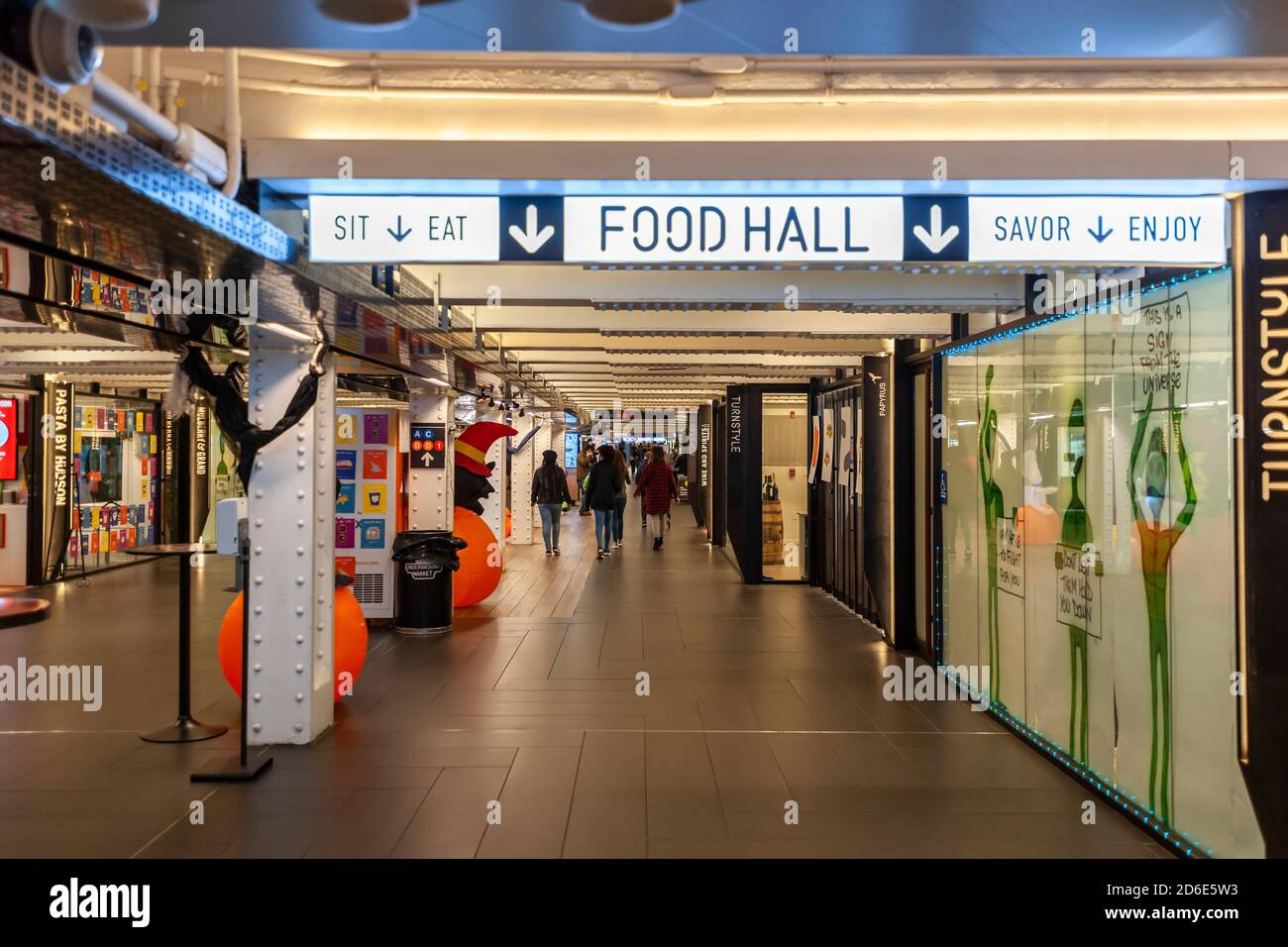 The Turnstyle food hall and retail mall located in a formerly disused subway corridor in New York’s Columbus Circle station reopens after being closed for 6 months due to the pandemic, on Wednesday, October 14, 2020. The 30,000 square foot space has 39 shops and kiosks, both retail and food vendors, with most predominately mom and pop  local businesses. (© Richard B. Levine) Stock Photo