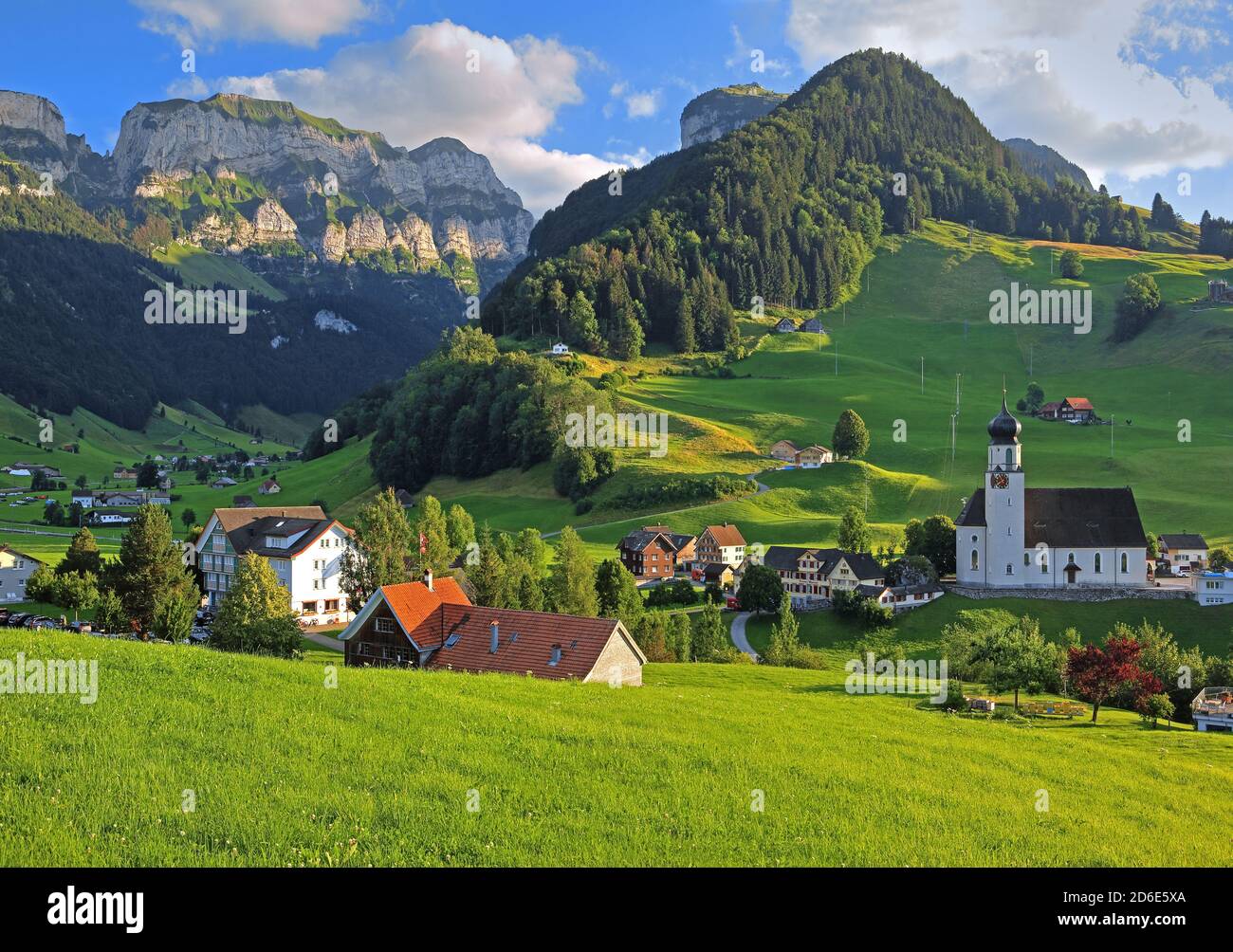 Town overview with Alpstein Mountains and Ebenalp, Schwende, Appenzell Alps, Appenzeller Land, Canton of Appenzell-Innerrhoden, Switzerland Stock Photo