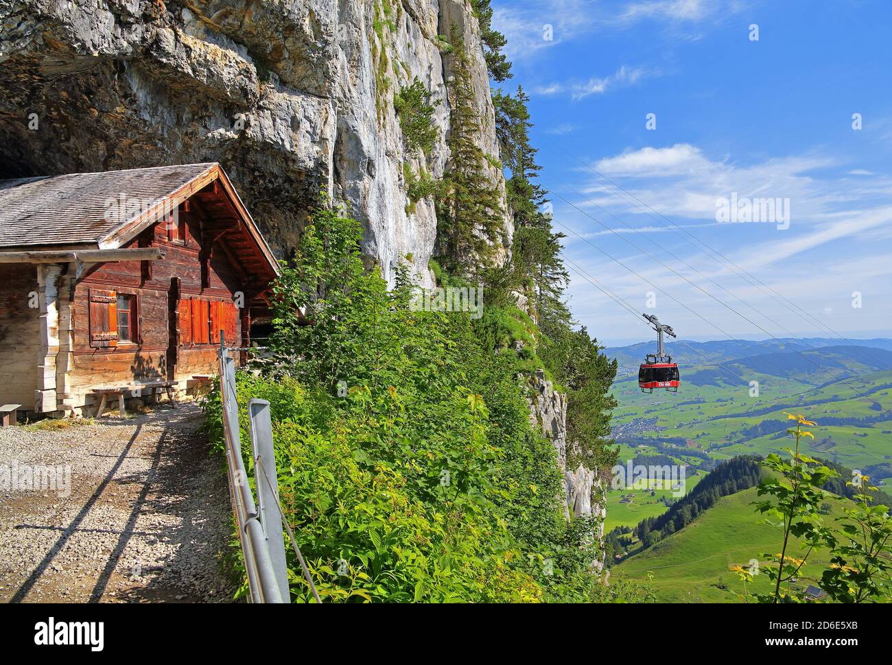 Einsiedlerhütte from Wildkirchli in the Alpsteingebirge with Ebenalp cable car, Wasserauen, Appenzell Alps, Appenzeller Land, Canton of Appenzell-Innerrhoden, Switzerland Stock Photo