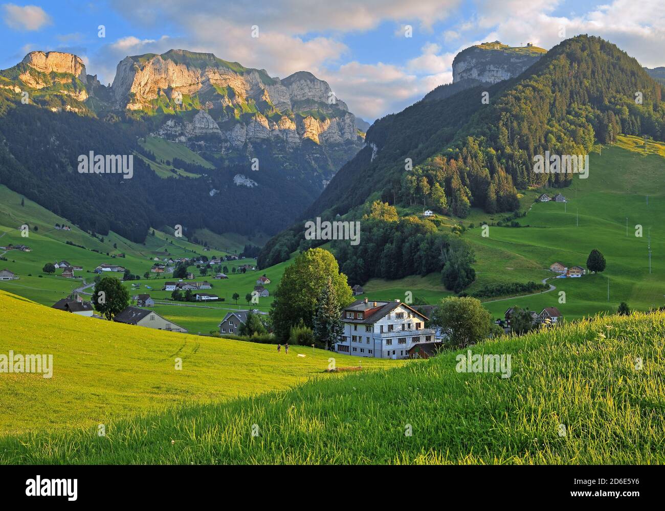 Alpsteingebirge with Ebenalp in evening sun, Schwende, Appenzeller Alps, Appenzeller Land, Canton of Appenzell-Innerrhoden, Switzerland Stock Photo