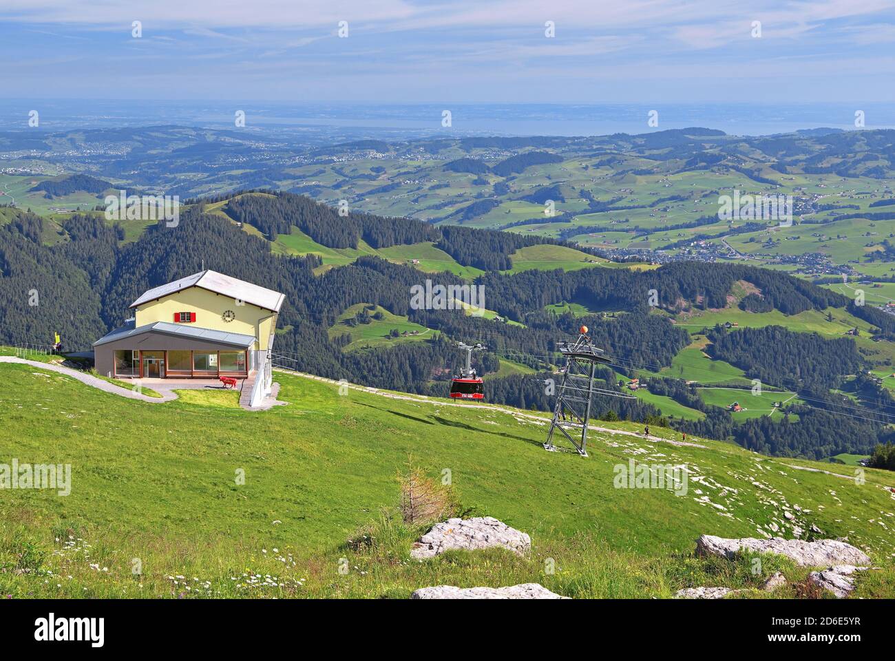 Cable car to Ebenalp with mountain station and view over the Appenzeller Land to Lake Constance, Wasserauen, Appenzell Alps, Canton of Appenzell-Innerrhoden, Switzerland Stock Photo
