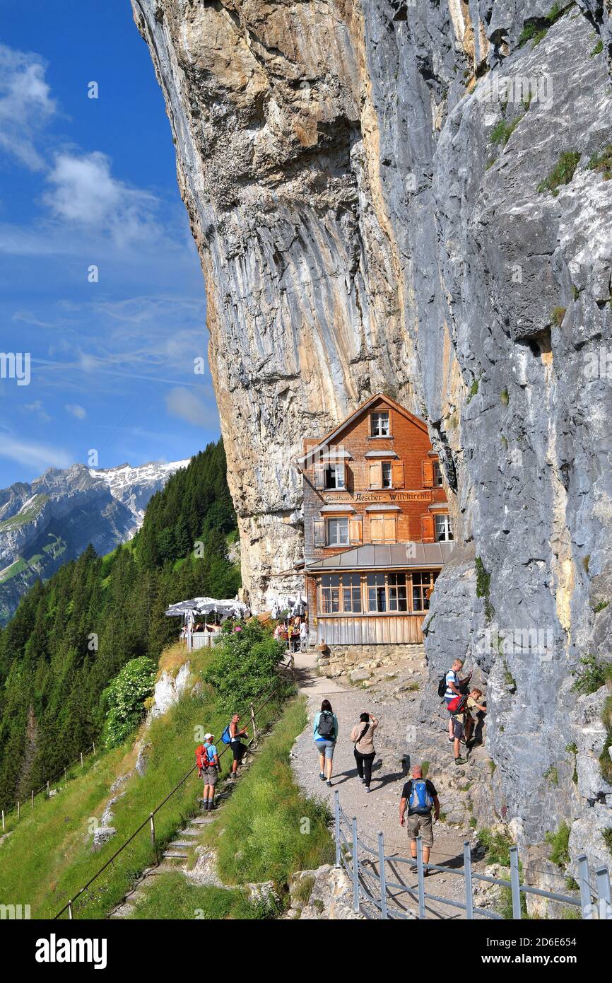 Berggasthaus Aescher-Wildkirchli in the Alpsteingebirge, Wasserauen, Appenzell Alps, Appenzeller Land, Canton Appenzell-Innerrhoden, Switzerland Stock Photo