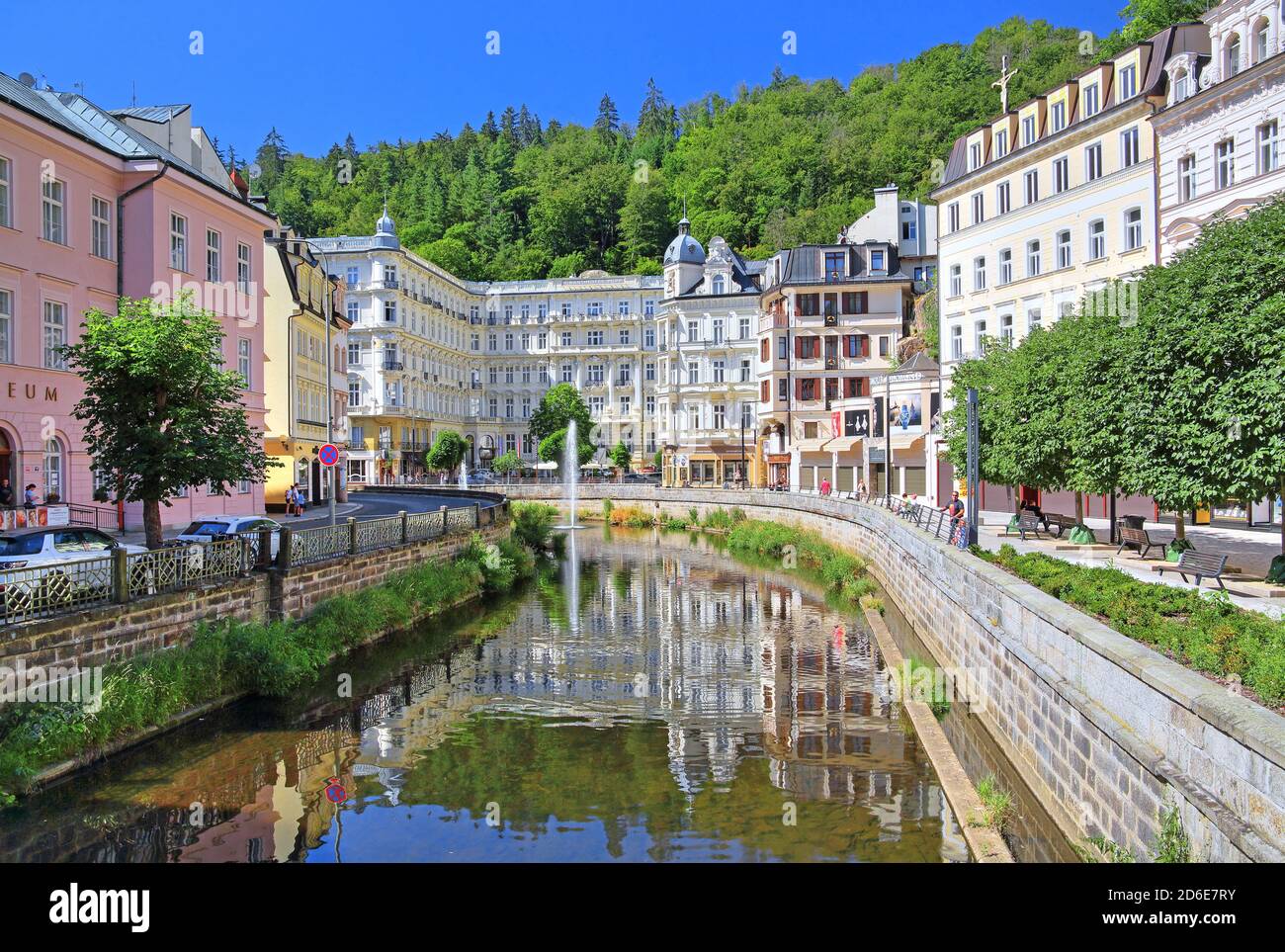 Tepla river with Grandhotel Pupp in the spa area, Karlovy Vary, spa triangle, Bohemia, Czech Republic Stock Photo