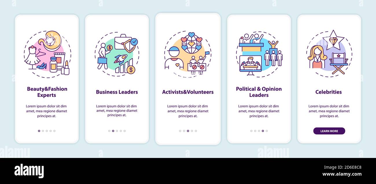Influencers types onboarding mobile app page screen with concepts Stock Vector