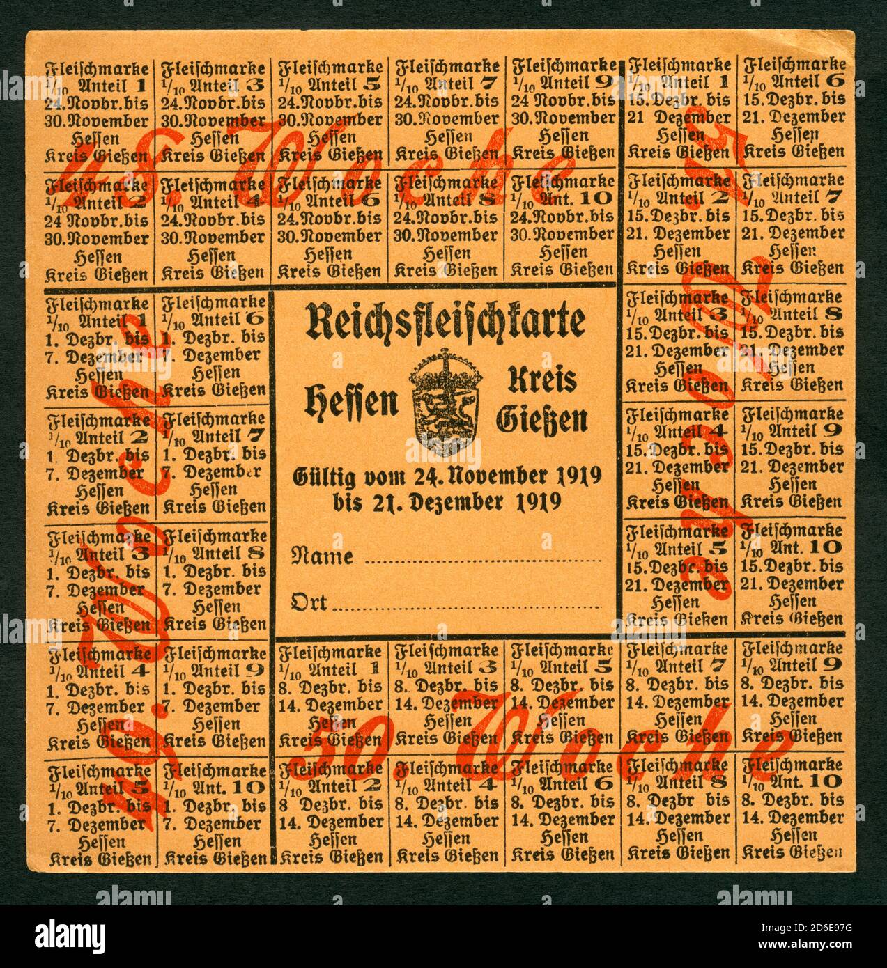 Europa, Deutschland, Hessen, Gießen, Zeit nach dem 1. Weltkrieg , Lebensmittelmarken für Fleisch ( Reichsfleischkarte ) , gültig vom 24. November 1919 bis 21. Dezember 1919 , Größe 10,7 cm x 10,8 cm , Motiv darf nur für journalistische oder wissenschaftliche Zwecke genutzt werden, Rechte werden nicht vertreten . /  Europe, Germany, Hesse, Gießen,  time after WW I , ration stamps for meat  ( so called Reichsfleischkarte ) , valid from 24. 11. 1919 to 21. 12. 1919 , size 10,7 cm x 10,8 cm ,  image only for journalistic or academic use, there are no rights . Stock Photo