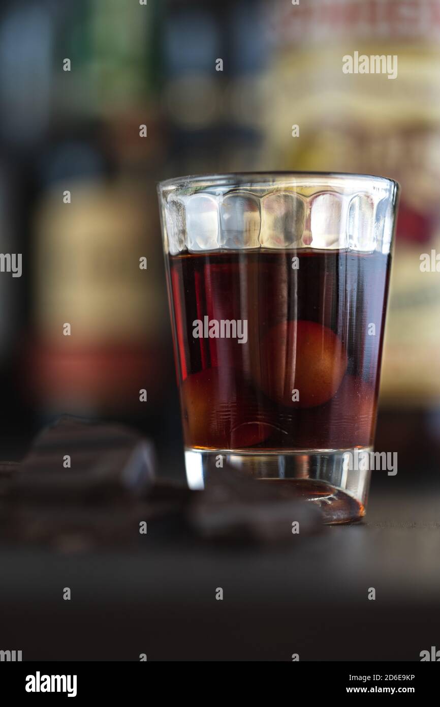 Ginjinha liquor, typical Portuguese made with sour cherries Stock Photo