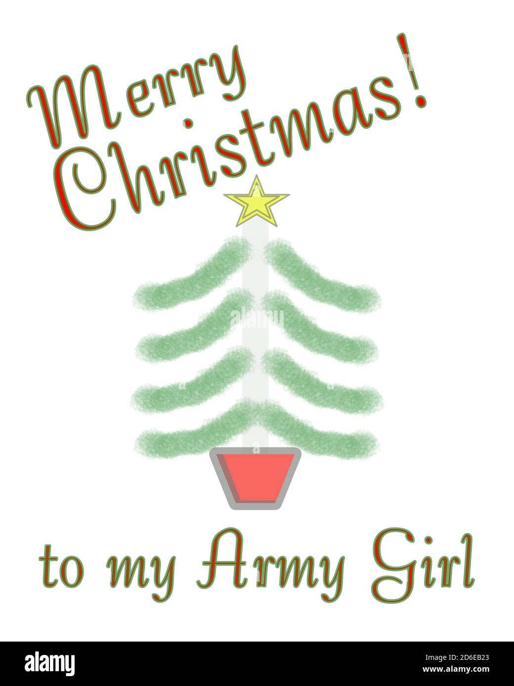 Merry Christmas army girl greeting card design on a white background with hand drawn Christmas tree. Stock Photo