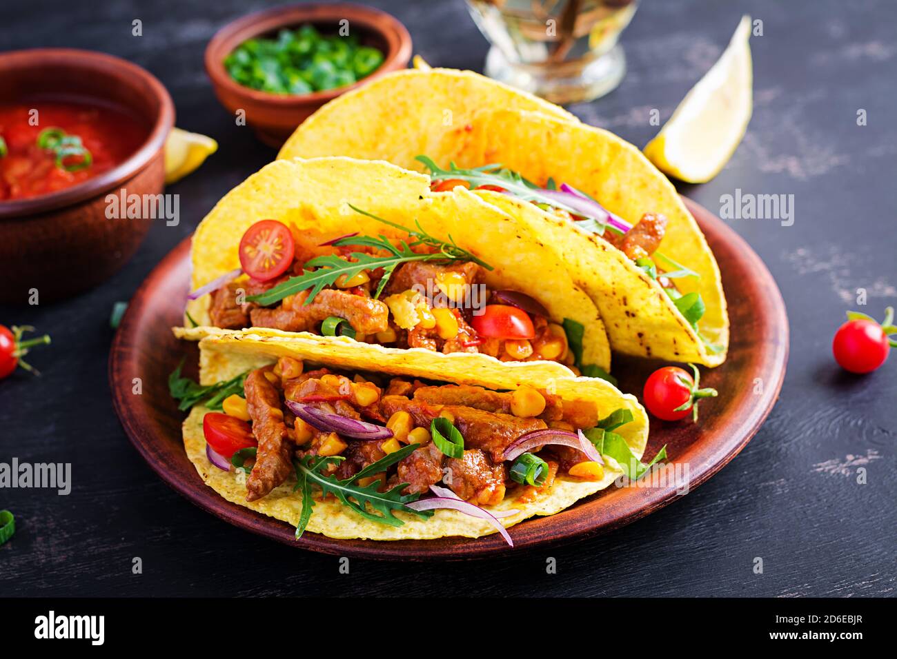 Taco. Mexican tacos with beef meat, corn and salsa. Mexican cuisine ...
