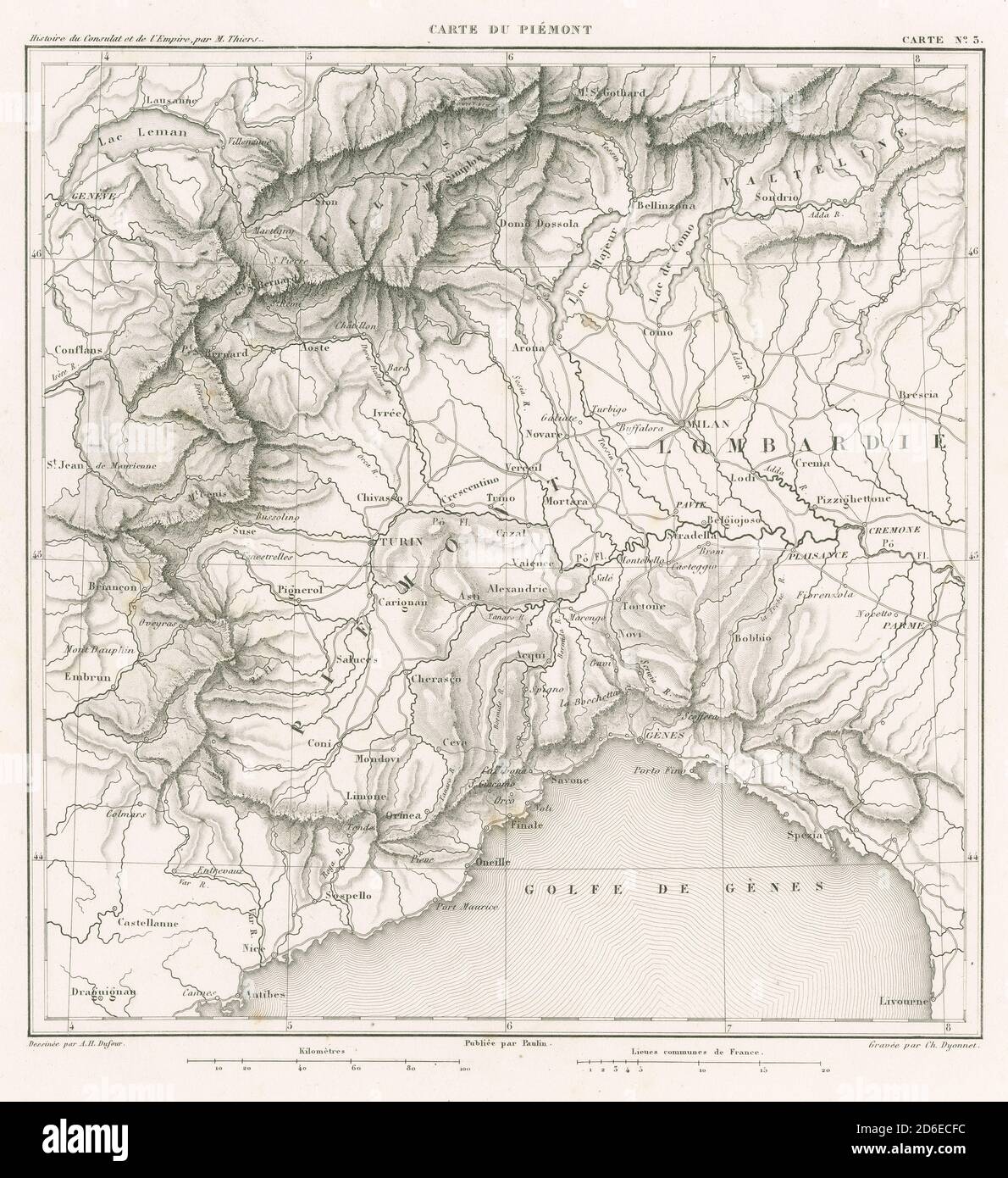 Antique 1859 engraved French map, Carte du Piémont. Piedmont is a region in northwest Italy, one of the 20 regions of the country. SOURCE: ORIGINAL ENGRAVING Stock Photo