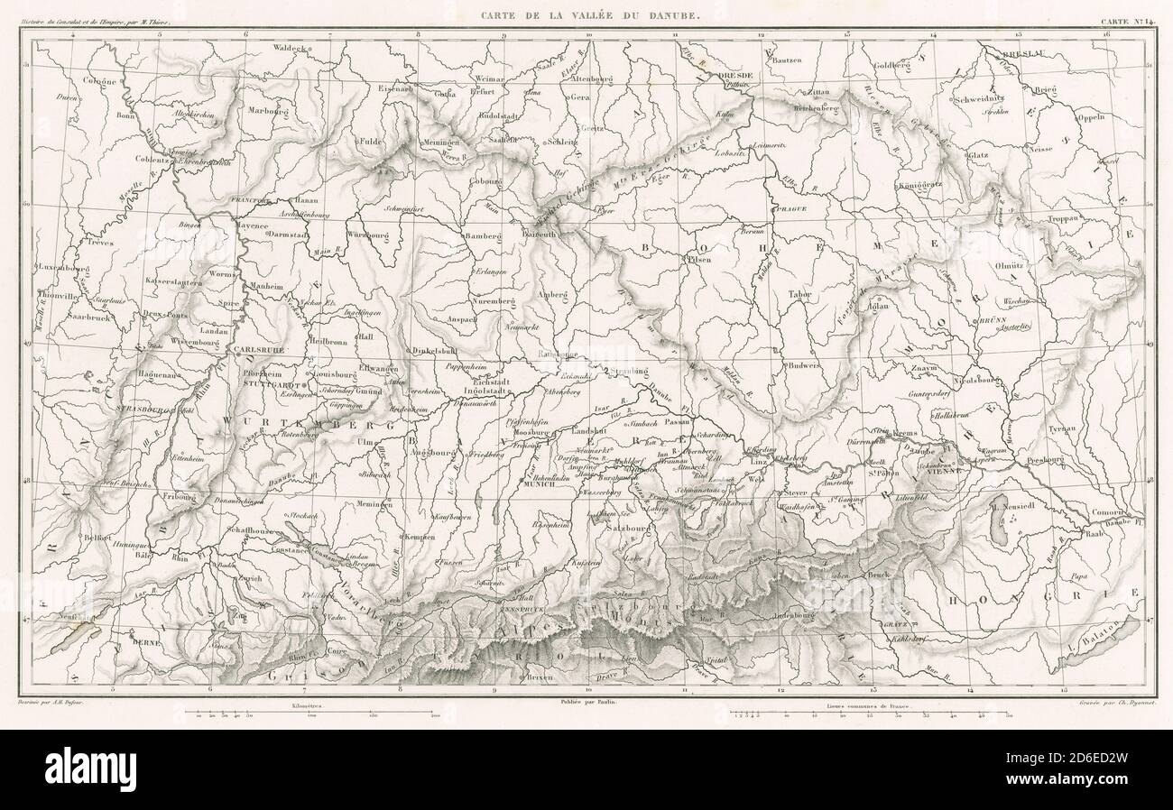 Antique 1859 engraved French map, Carte de la Vallée du Danube, centered on the Danube River in Europe between France (on the left) and Hungary (on the right). SOURCE: ORIGINAL ENGRAVING Stock Photo