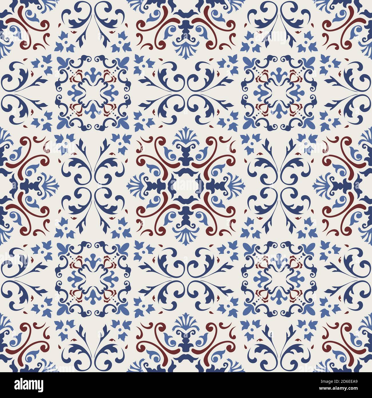 Damask pattern. Majolica pottery tile, blue, yellow, gray azulejo