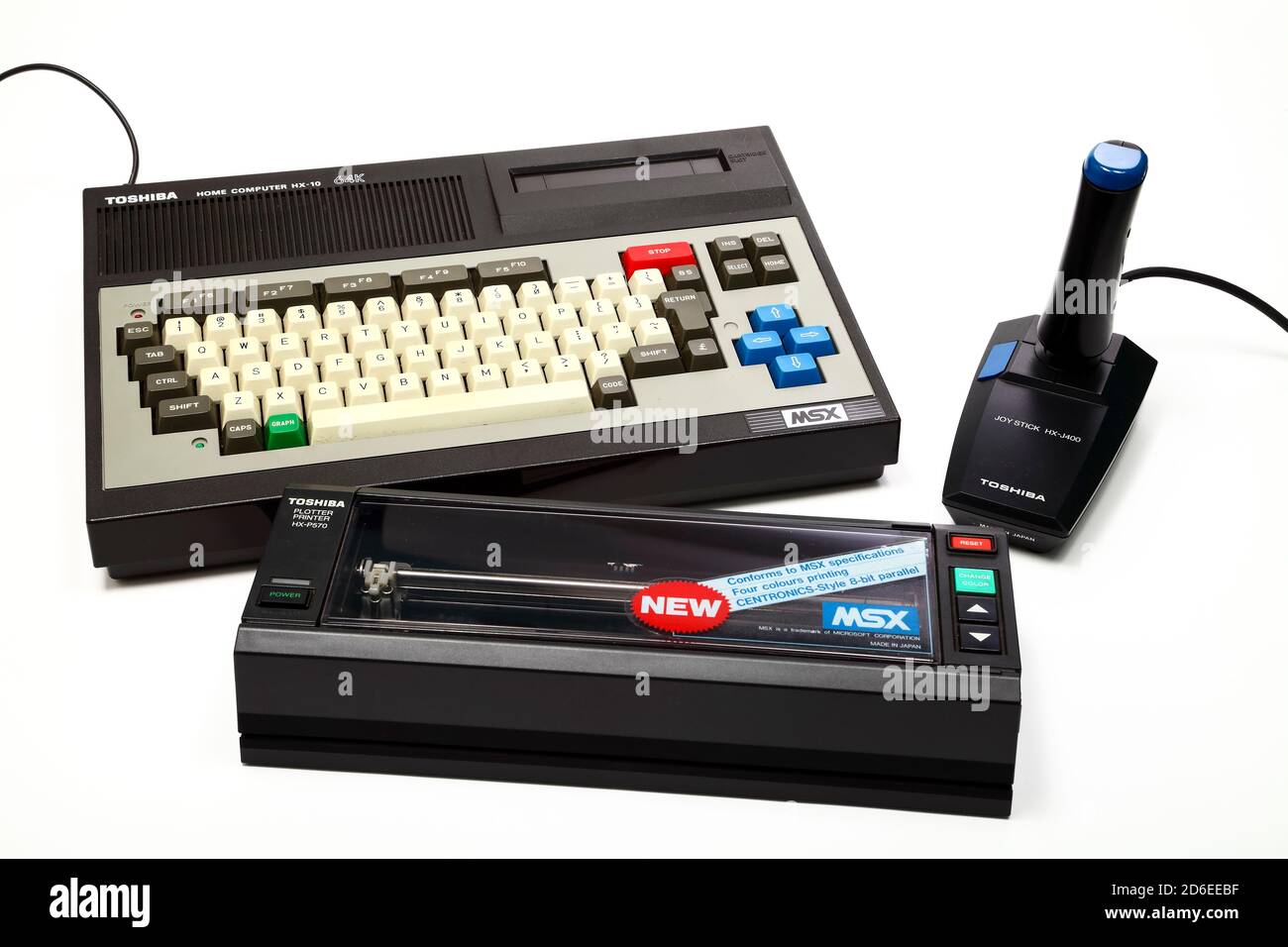 Toshiba HX 10 Home Computer running Microsoft MSX software and joystick with Plotter Printer HX-P570 first released in the 1980s Stock Photo