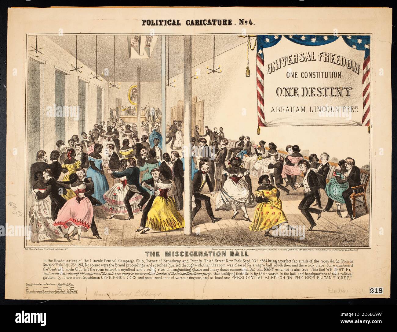 Political cartoon titled The Miscegenation Ball, 1864, by Kimmel & Forster, New York. Stock Photo