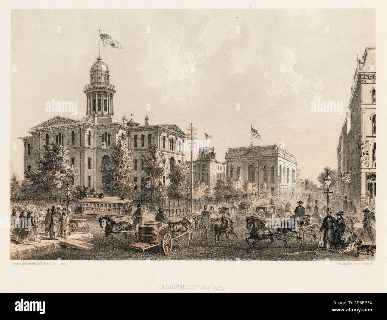 Jevne and Almini lithograph titled Court House Square, Chicago, Illinois, circa 1866. Stock Photo