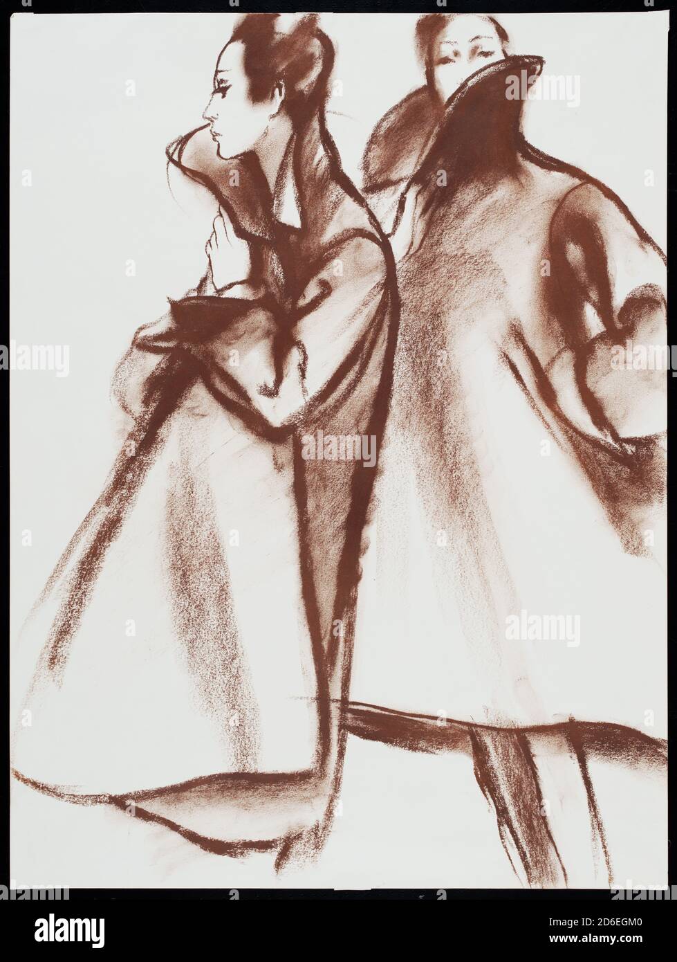 Costume design drawing of knee length coat with welt pocket and trumpet-like collar. Fashion design by Charles James. Illustration by Antonio Lopez. Stock Photo